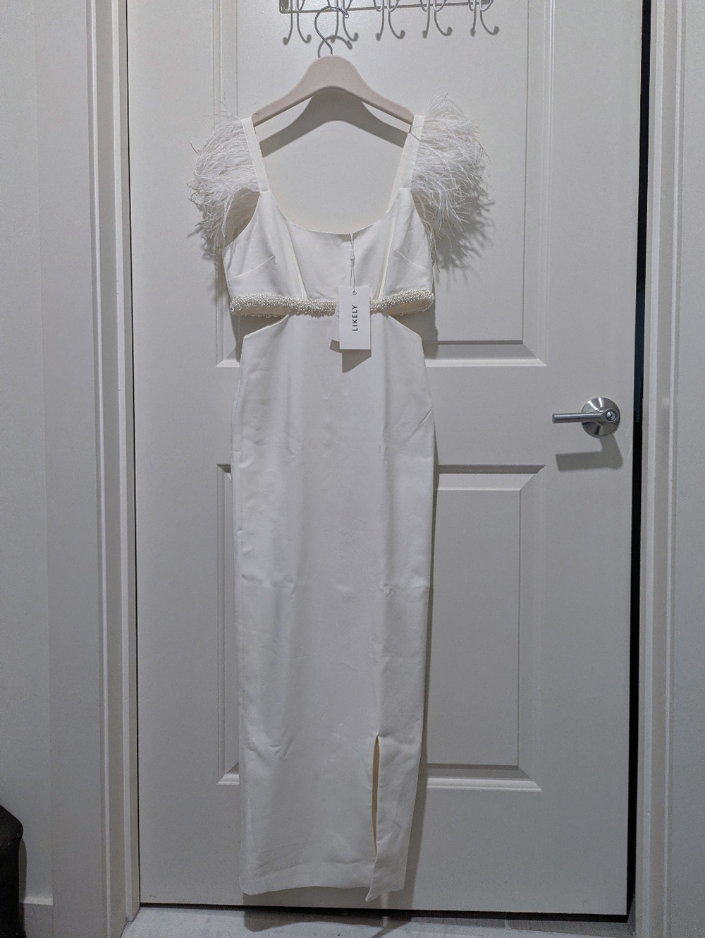 NWT Likely Taliah White Feather-Trim Cutout Midi Dress with Slit